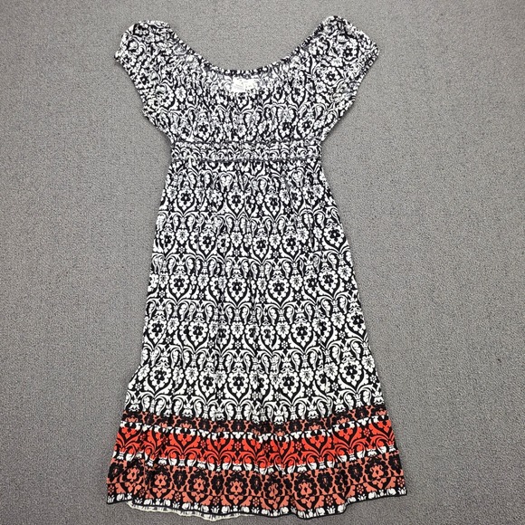 Sophie Max Dresses & Skirts - Sophie Max Black White Damask Empire Waist Dress Orange Border XS